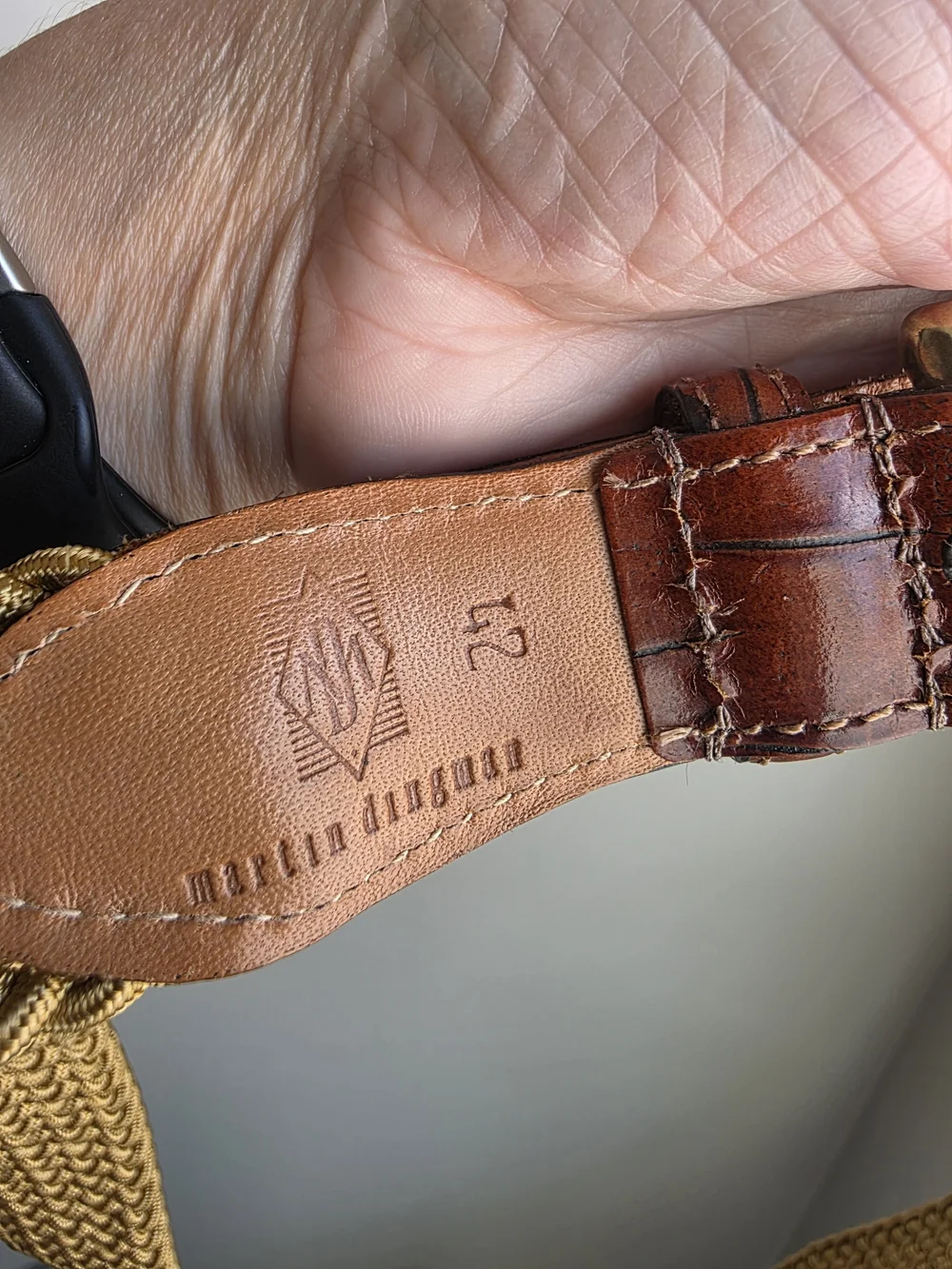Martin Dingman Gold Woven Stretch Leather Trim Belt Size 42 Hand Made USA